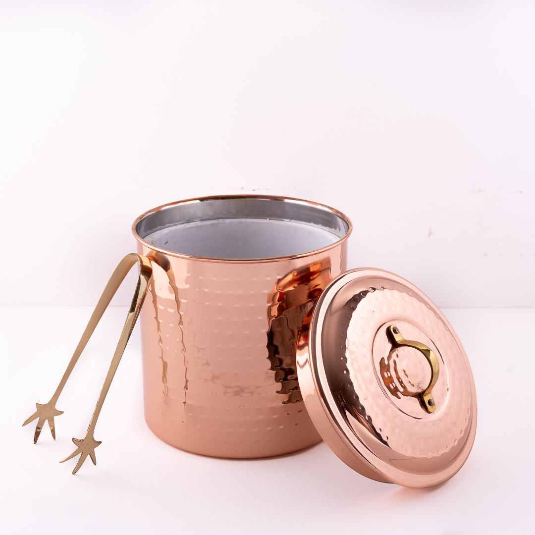 Hammered Copper Ice Bucket with Ice Tongs